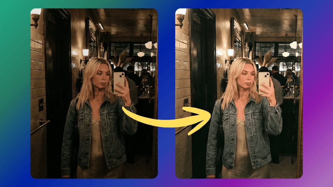 Mulher tirando uma selfie no espelho, comparando o antes e depois de clarear uma foto escura usando aplicativos com inteligência artificial.