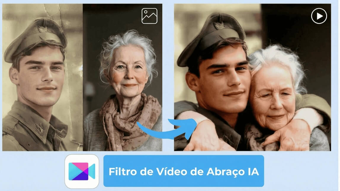 Filtro de vídeo de abraço IA transformando fotos em animação emotiva de abraço