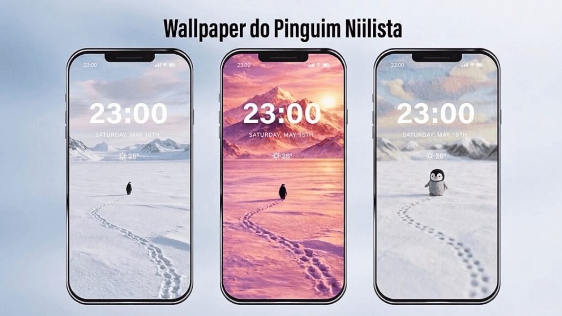 Três telas de iPhone exibindo variações do Wallpaper Pinguim Niilista: neve realista, pôr do sol aesthetic e estilo minimalista fofo