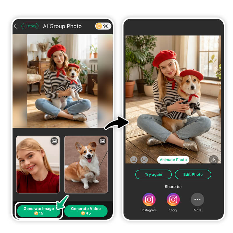 AI Group Photo feature for owner and pets