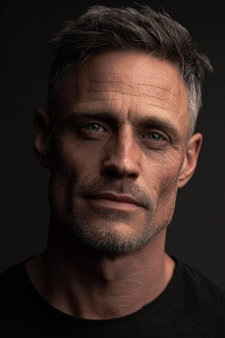 This contains: This is a close-up portrait of a mature man with striking features and salt-and-pepper hair. His face shows strong bone structure and visible wrinkles, suggesting character and experience