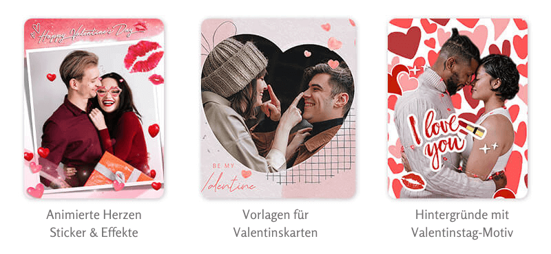 Valentinstag-Fotoeditor-App mit animierten Herz-Stickern, Kartenvorlagen und romantischen Hintergründen