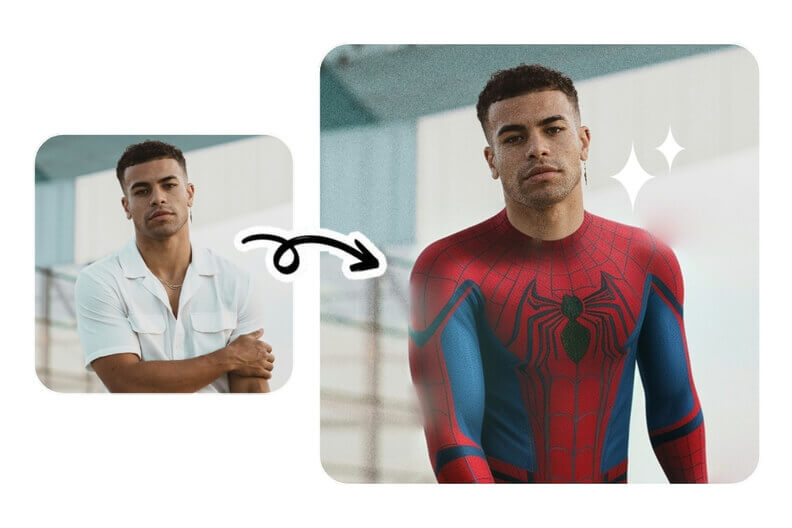 Avant-après d'un homme : à gauche avec une chemise blanche, à droite virtuellement transformé en costume de Spiderman avec un design rouge et bleu.