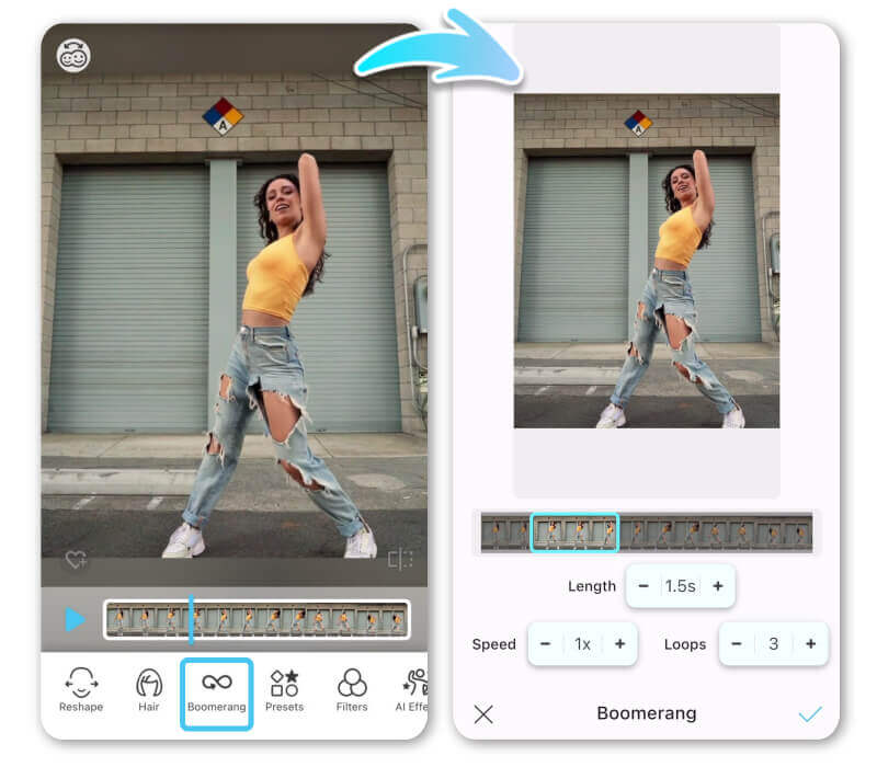 YouCam Video app showing how to turn an existing video into a boomerang