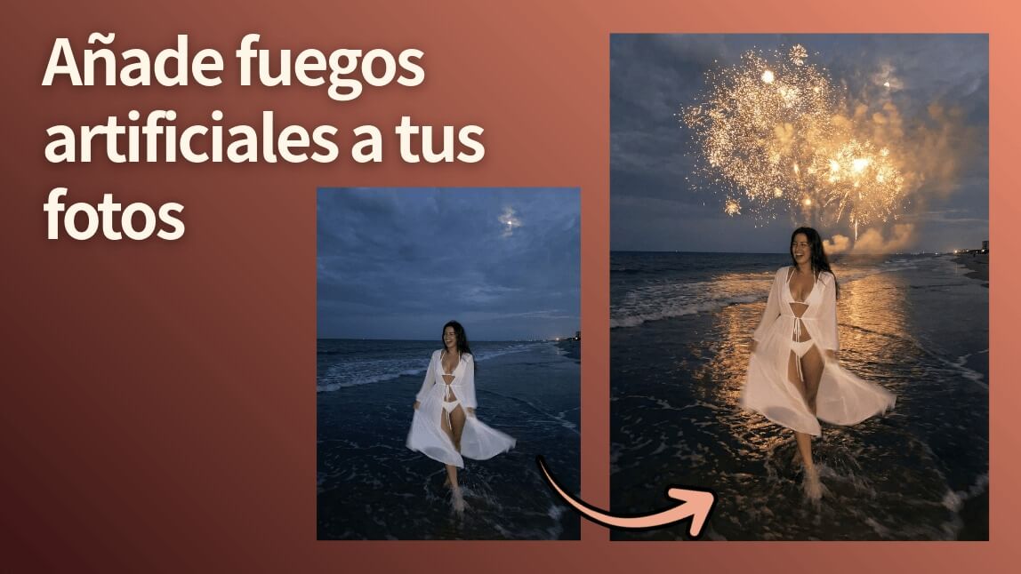 Comparación del antes y después de añadir fuegos artificiales a una foto para Año Nuevo 2026.