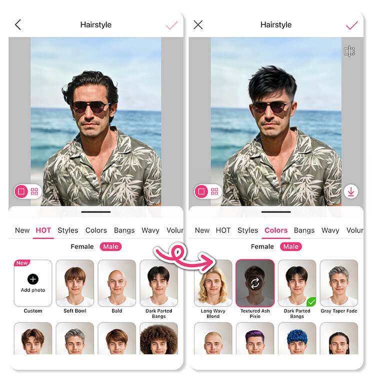 The AI Hairstyle feature lets you instantly try on realistic men’s hairstyles and see how they suit your face shape and overall look.