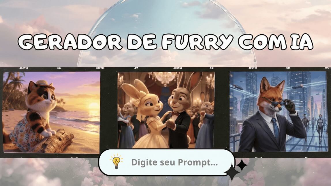 Banner mostrando exemplos de fursonas criados com inteligência artificial: um gato fofo na praia, um casal de coelhos dançando em um salão e uma raposa moderna de terno em cidade futurista.