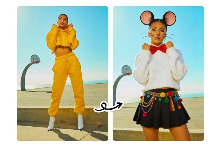 Frau in einem sportlichen Look verwandelt sich in eine Karnevalsmaus.