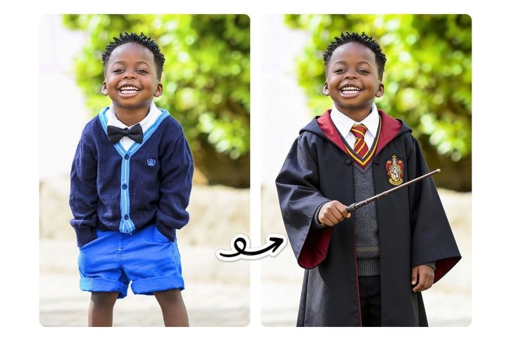 Vorher-Nachher-Ansicht von einem kleinen Jungen im Hogwarts-Harry-Potter-Kostüm