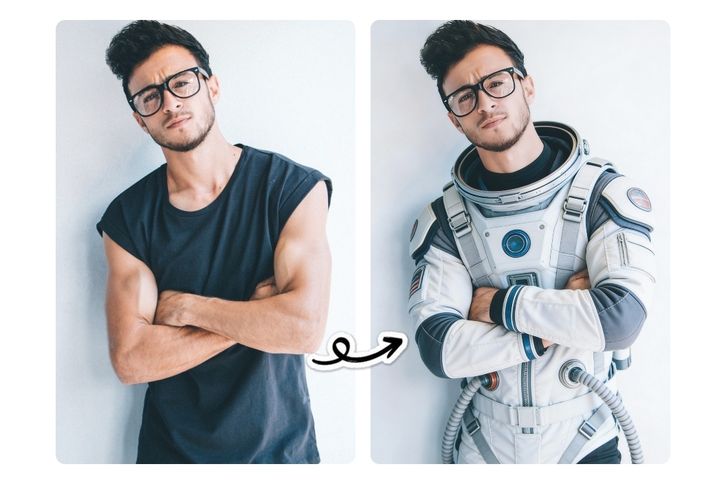 Vorher-Nachher-Bild eines Mannes mit futuristischem Outfit.