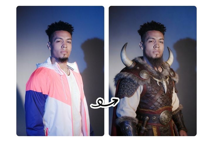 Mann verwandelt sich in ein episches Wikinger-Kostüm.