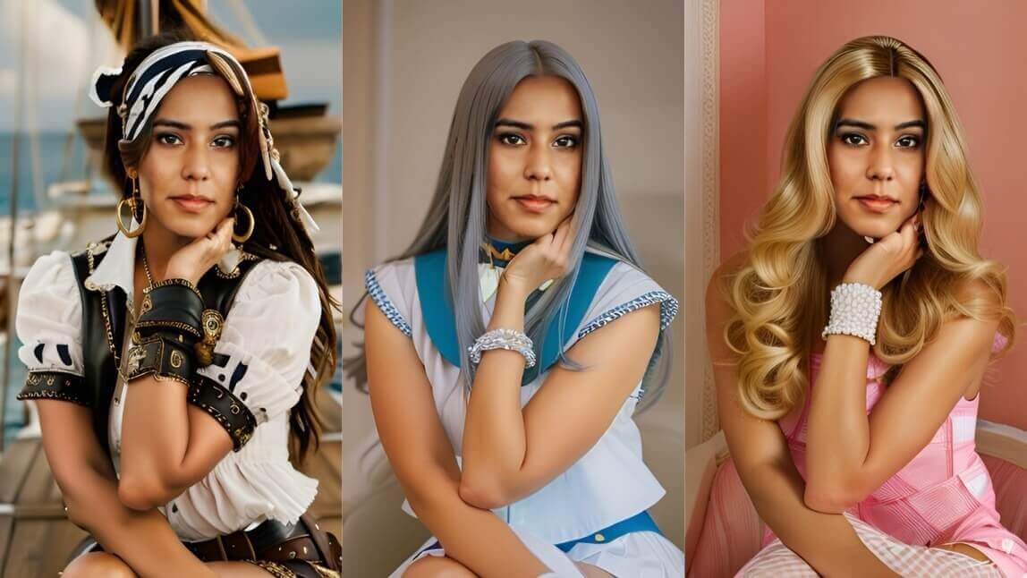Frau in unterschiedlichen Outfits – Piratin, Anime-Charakter und glamouröser Barbie-Look.