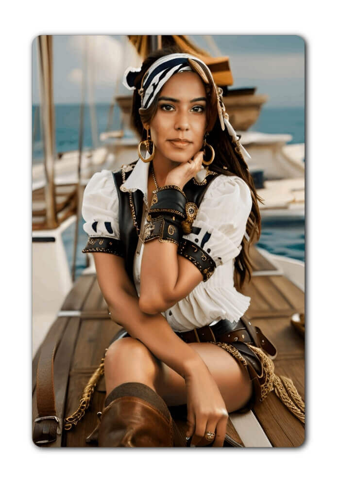 Frau im Piratenkostüm mit Kopftuch, goldenen Accessoires und Ledergürtel auf einem Schiff.