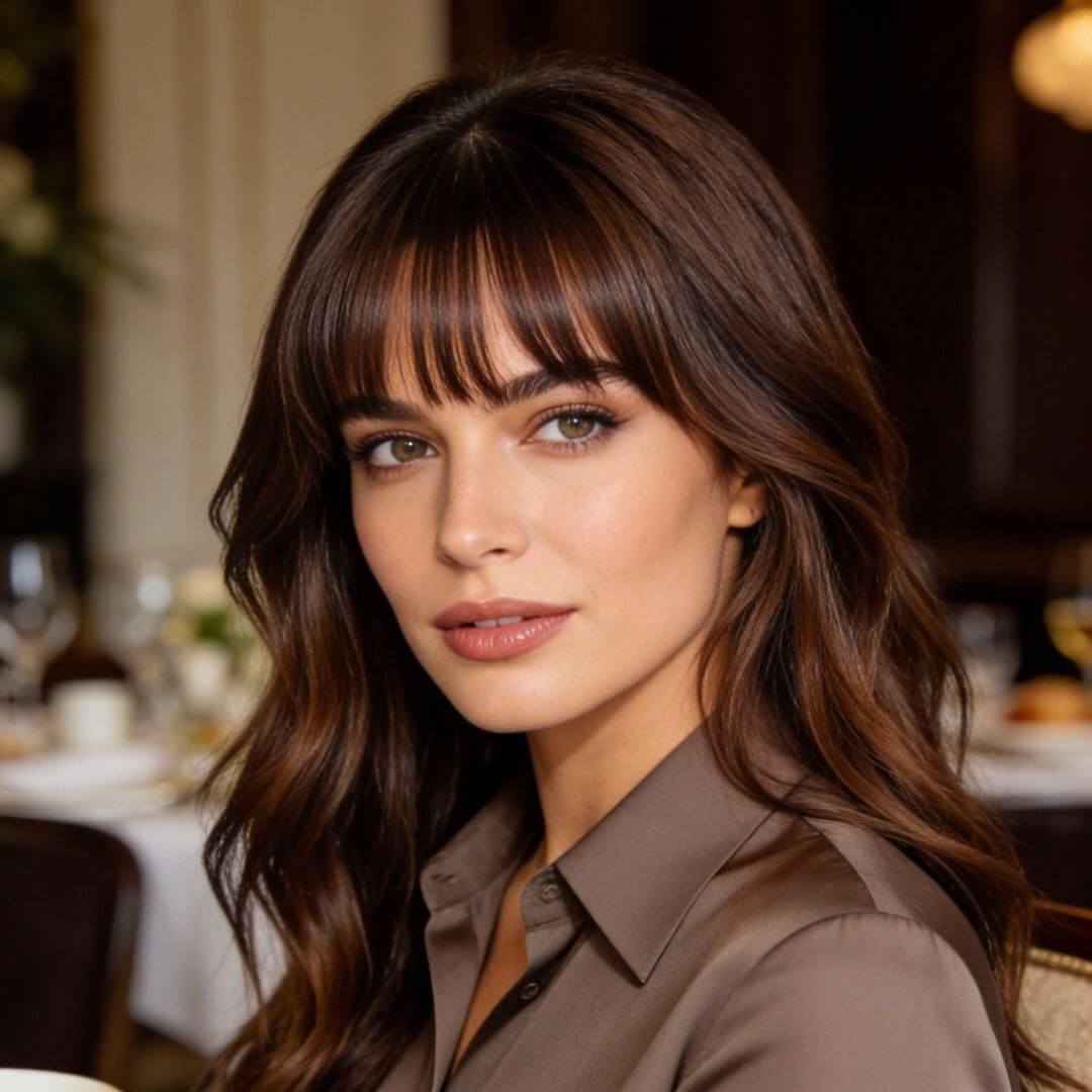 Frau mit glatten Stirnfransen bis zu den Augenbrauen, mittig leicht geteilt mit langen Lagen