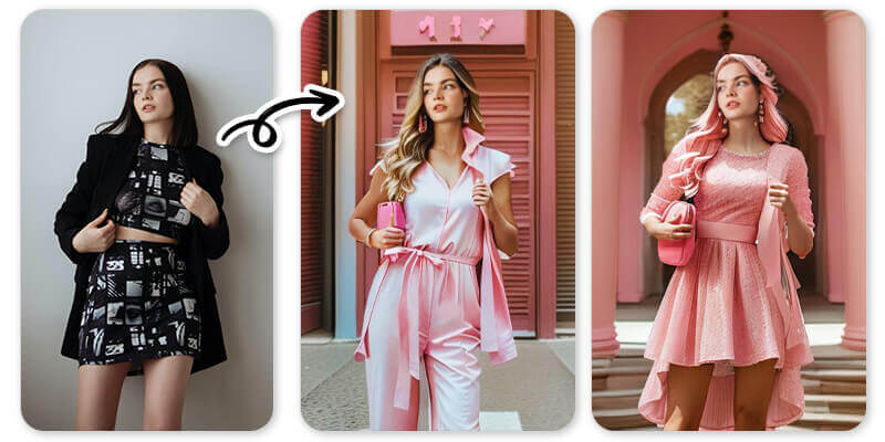 Modeumwandlung von einem modernen Look zu glamourösen Outfits mit Pailletten.