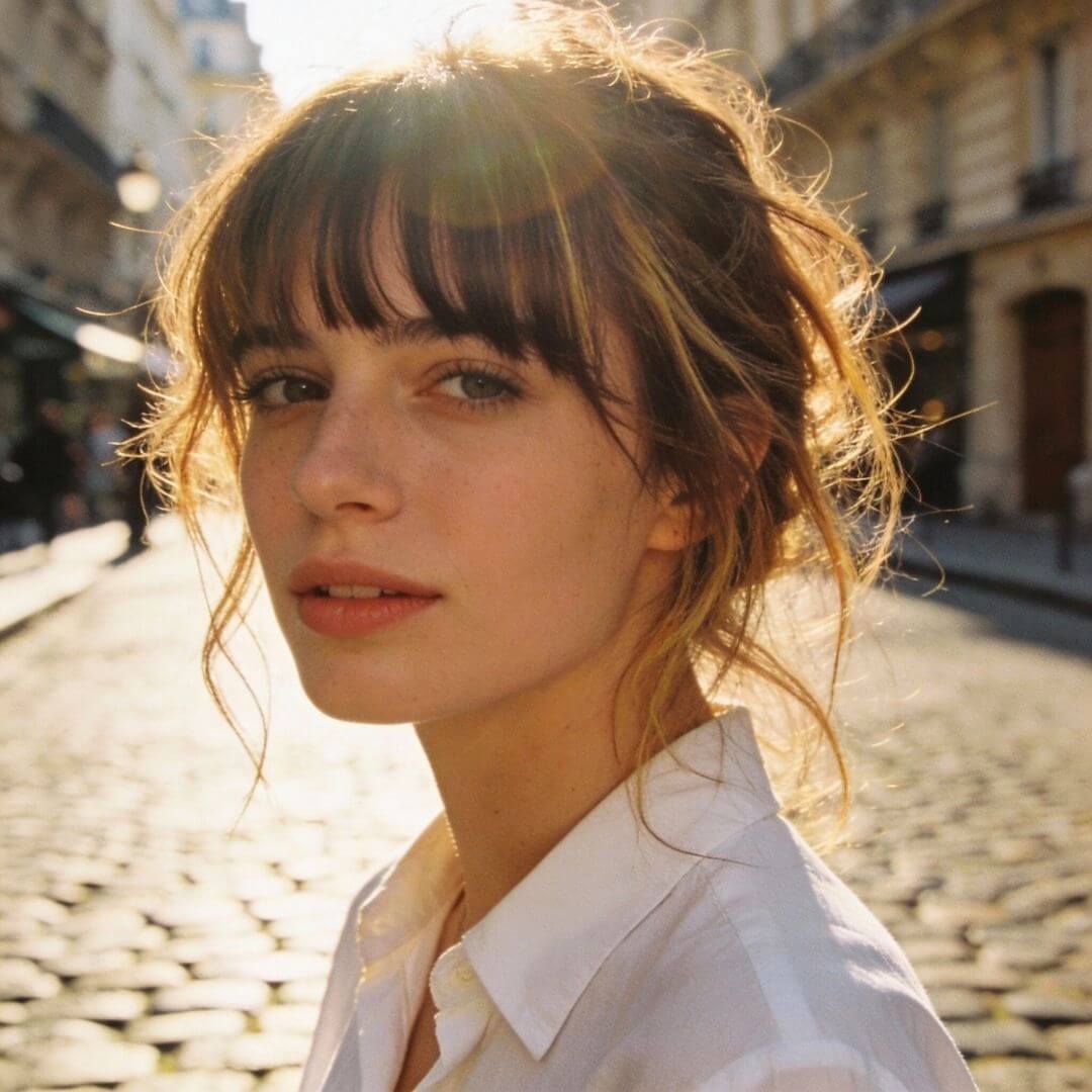 Frau mit Birkin Bangs, fransige unordentliche Stirnfransen im lässigen Pariser Stil