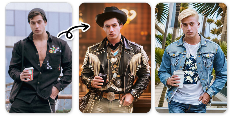 Stilwandel zu einem Cowboy-inspirierten Outfit mit Lederjacke, Hut und Fransen.