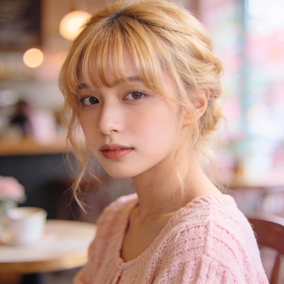 Frau mit feinen Wispy Bangs in hellblondem Haar, zarte fransige Stirnfransen