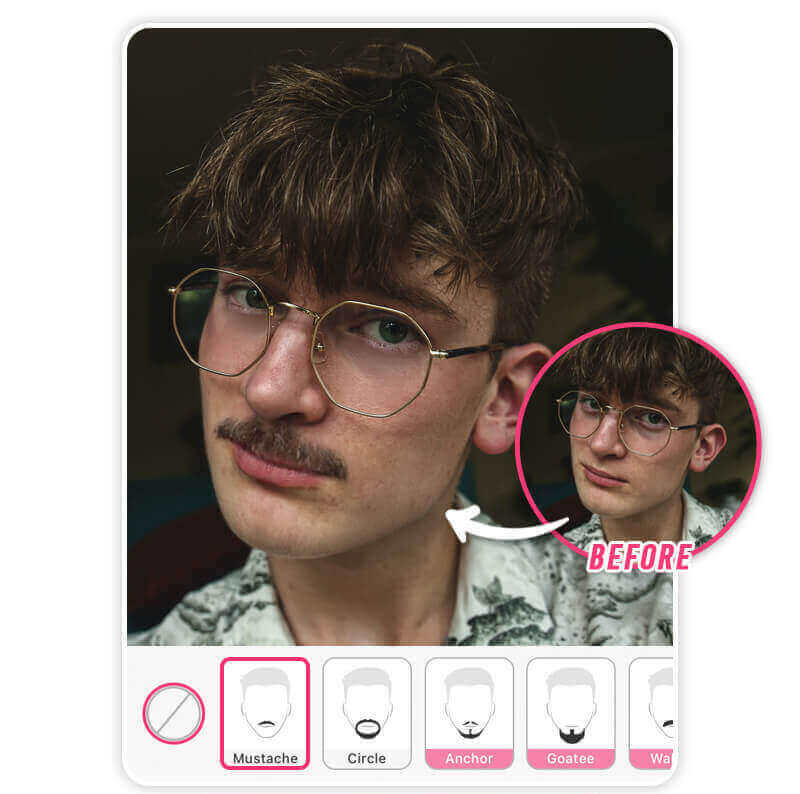 Mulher usando um filtro de bigode para se transformar em sua versão masculina