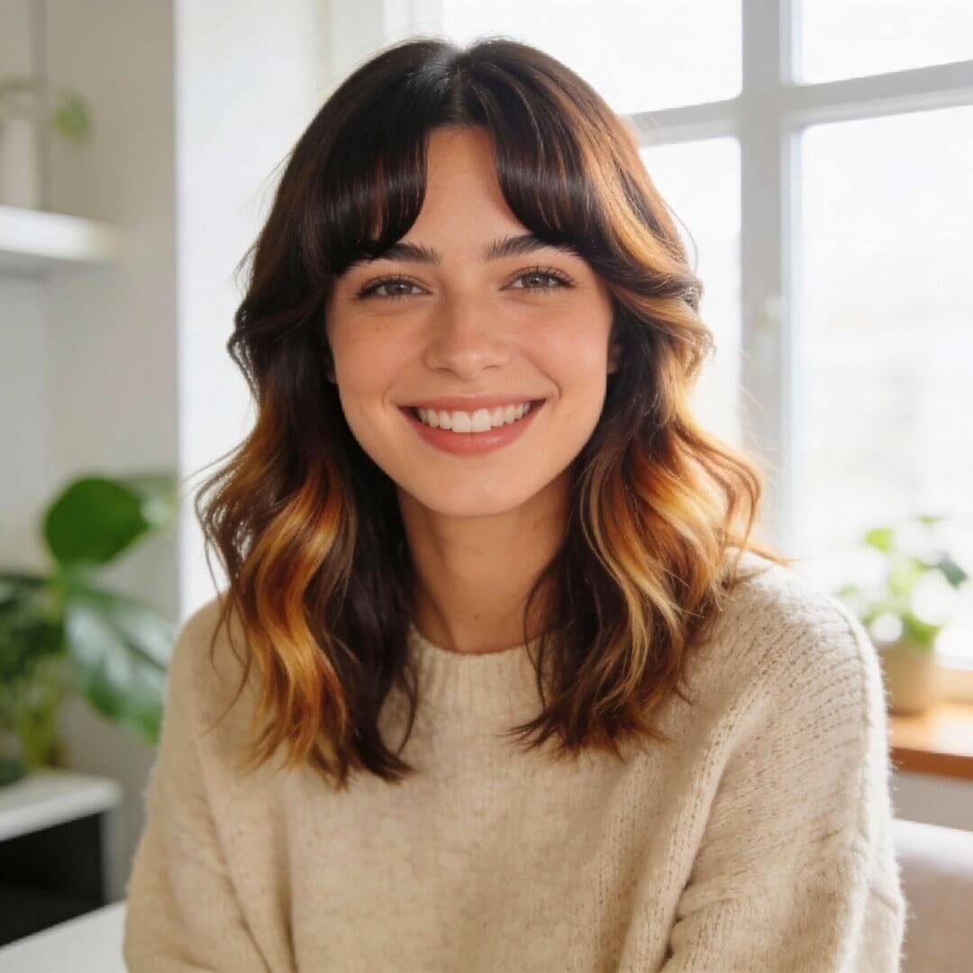 Frau mit Curtain Bangs, mittig gescheitelte Stirnfransen die seitlich fallen mit Balayage