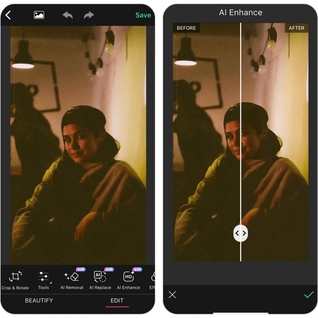 Demonstração do recurso 'Melhorar IA' no YouCam Perfect para melhorar a qualidade da foto com um toque