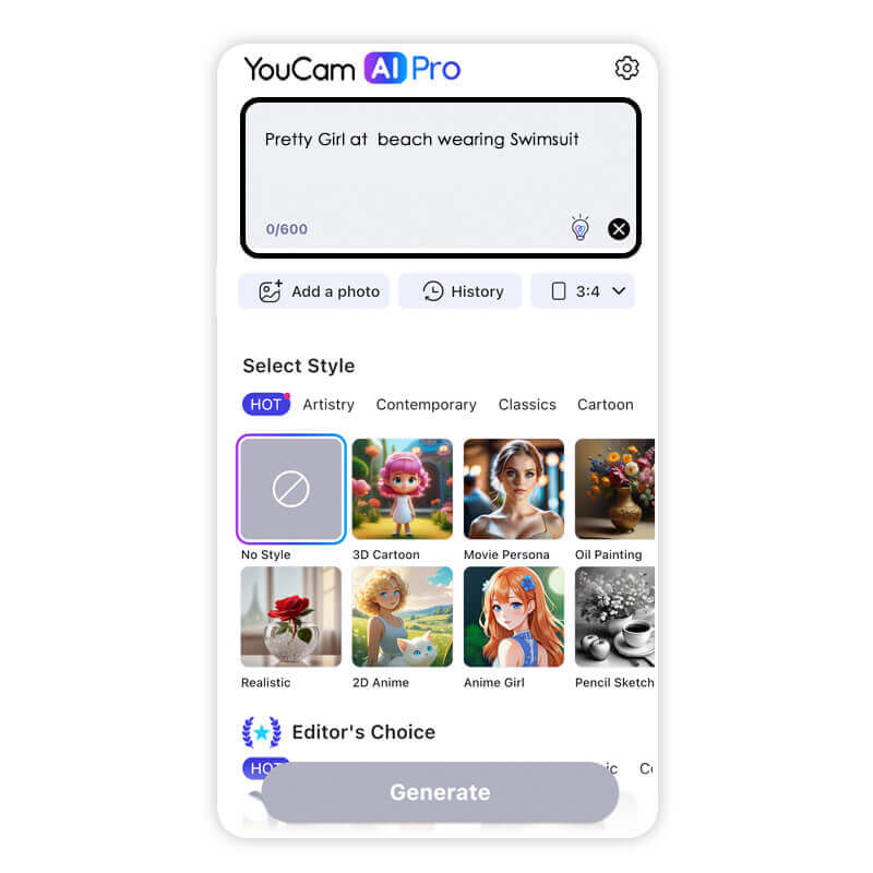 Campo de texto para inserir prompt e criar modelo de biquíni com IA