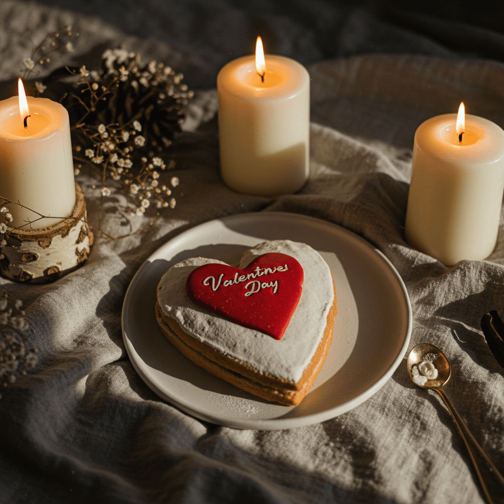 Herzförmiger Valentinstagskuchen mit Kerzen – romantische Tischdeko Herzförmiger Valentinstagskuchen mit Kerzen – romantische Tischdeko