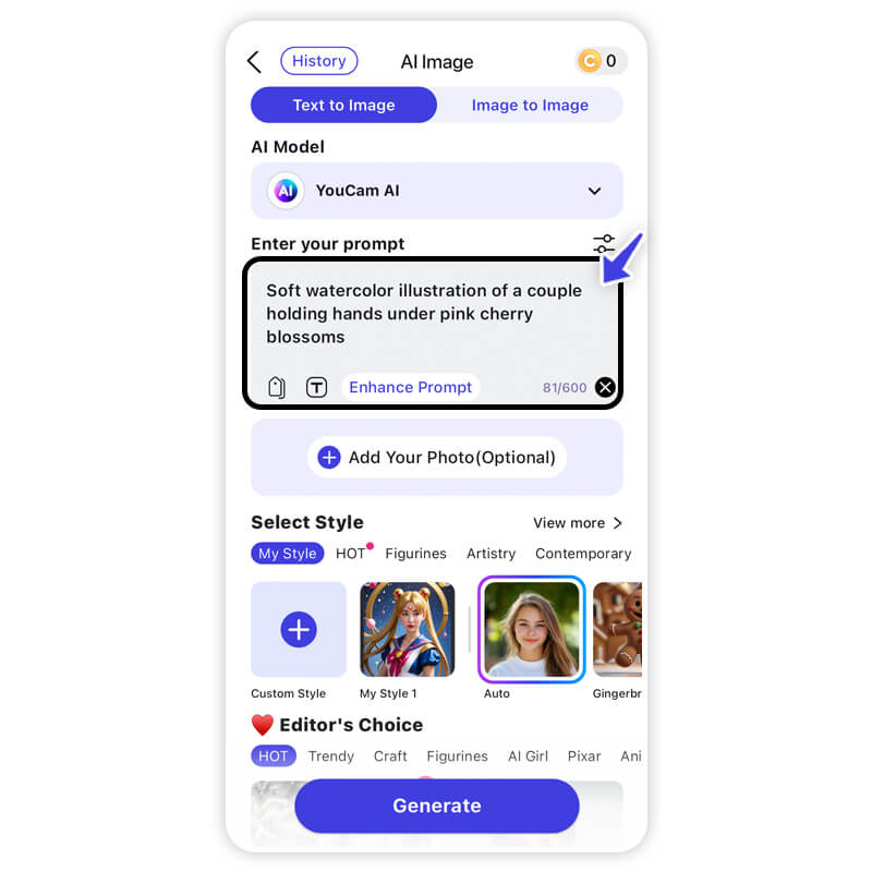 Gib einen Prompt ein, um ein Happy-Valentinstag-Bild zu generieren. Erstelle personalisierte Happy-Valentinstag-Bilder mit der YouCam AI Pro-App.