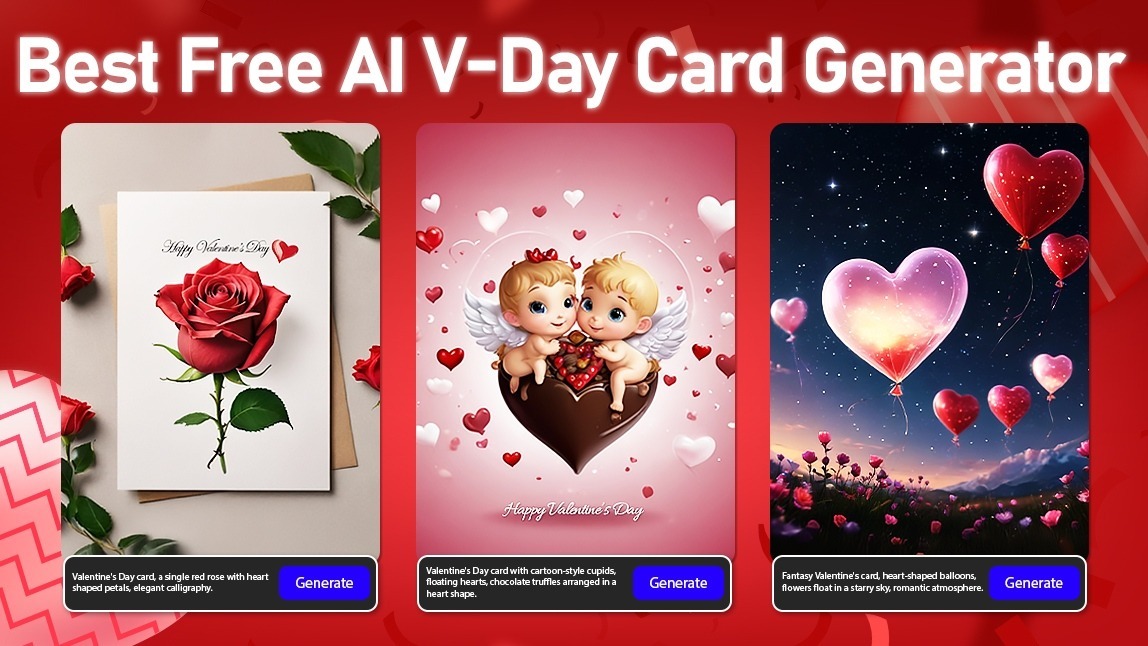 Best Free AI Valentine's Day Card Generator banner displaying three custom card examples: a red rose, cute cupids, and heart-shaped balloons created with text-to-image AI.