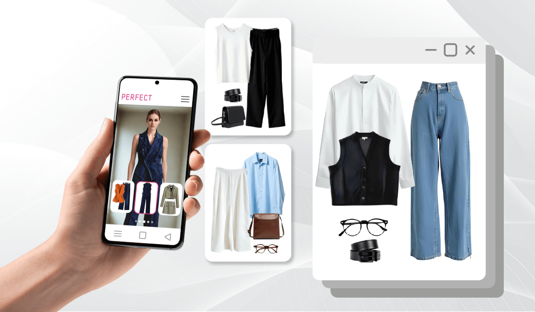 Plataforma digital de una prueba virtual de ropas con IA mostrando diferentes tipos de atuendos 