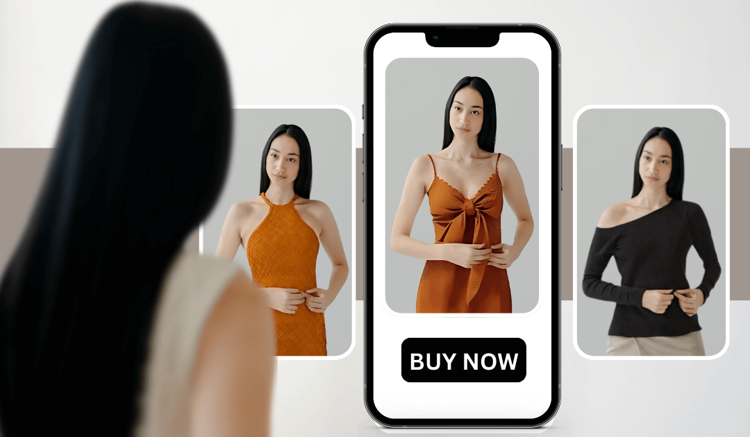 Compradora probándose ropa de forma virtual usando AR en una app móvil y en un sitio de comercio electrónico
