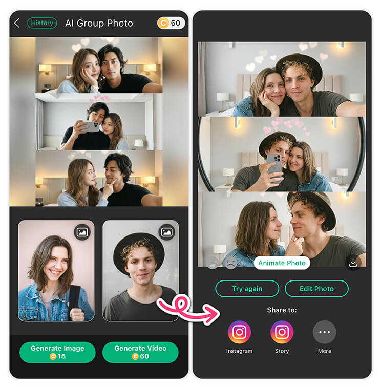 멋진 AI 커플 사진을 위해 AI 그룹 사진 도구를 사용해 보세요.