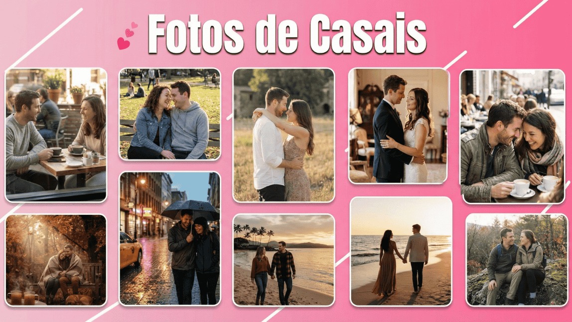 Colagem de fotos de casais realistas em vários estilos como casamento, praia e urbano geradas por IA com o texto Fotos de Casais