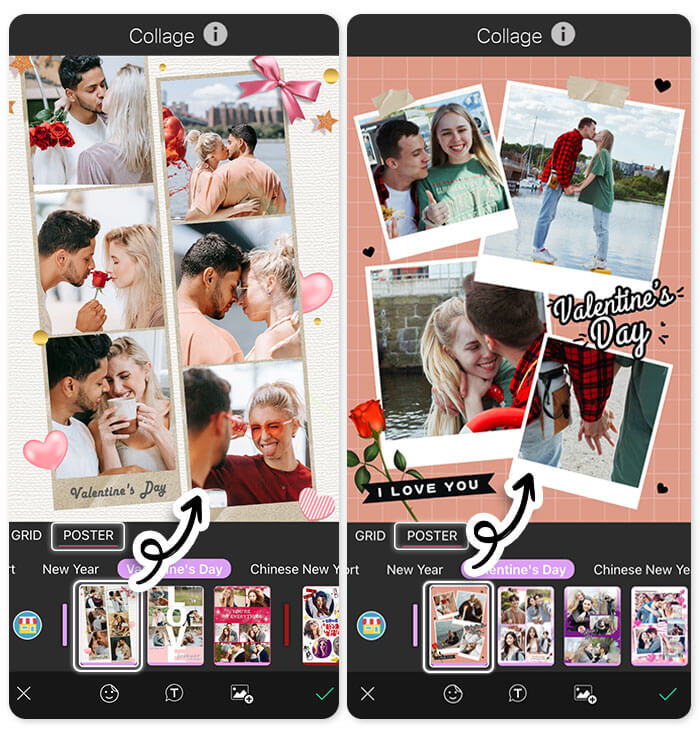 Выберите шаблоны любовных коллажей на вкладке Poster в YouCam Perfect ко Дню святого Валентина