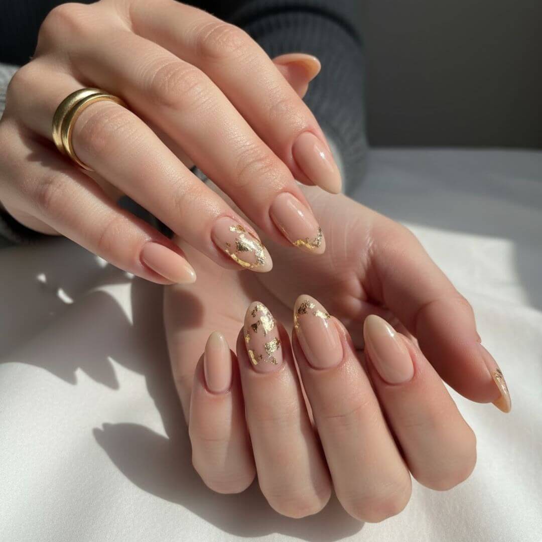 Nude Nails with Gold Foil Accents