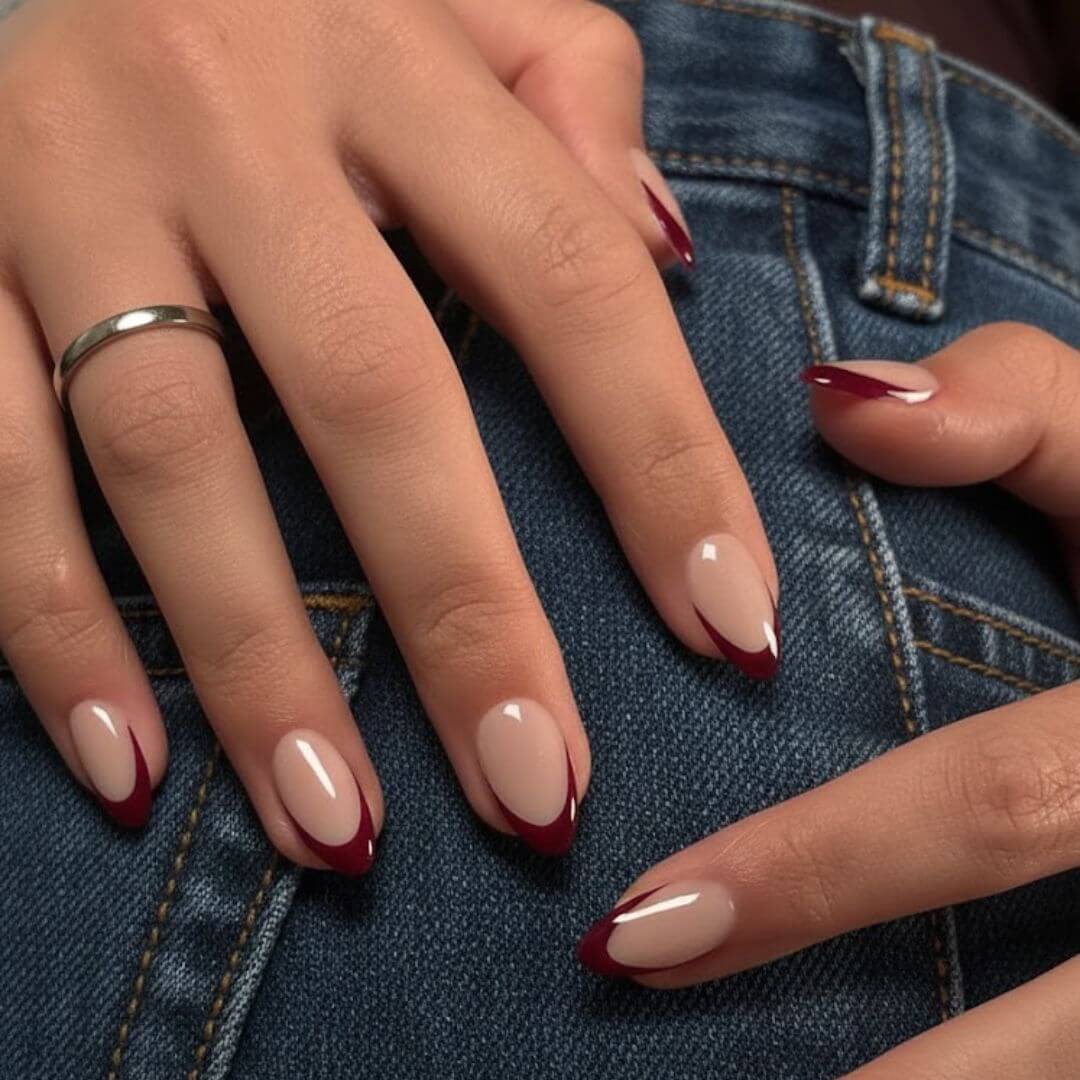 Beige Nails with Red Tips