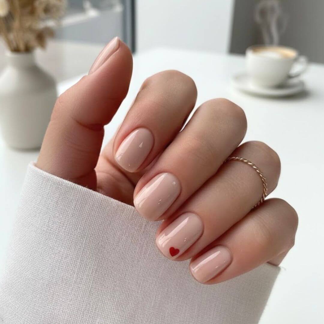 Short Nude Nails with Heart Stickers