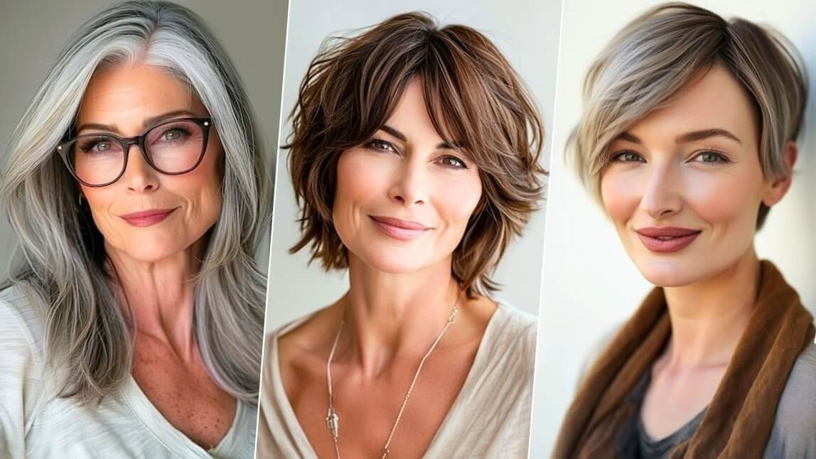 Colagem com tendências de cortes de cabelo para mulher de 50 anos 2026: longo grisalho, médio repicado com franja e curto pixie moderno.
