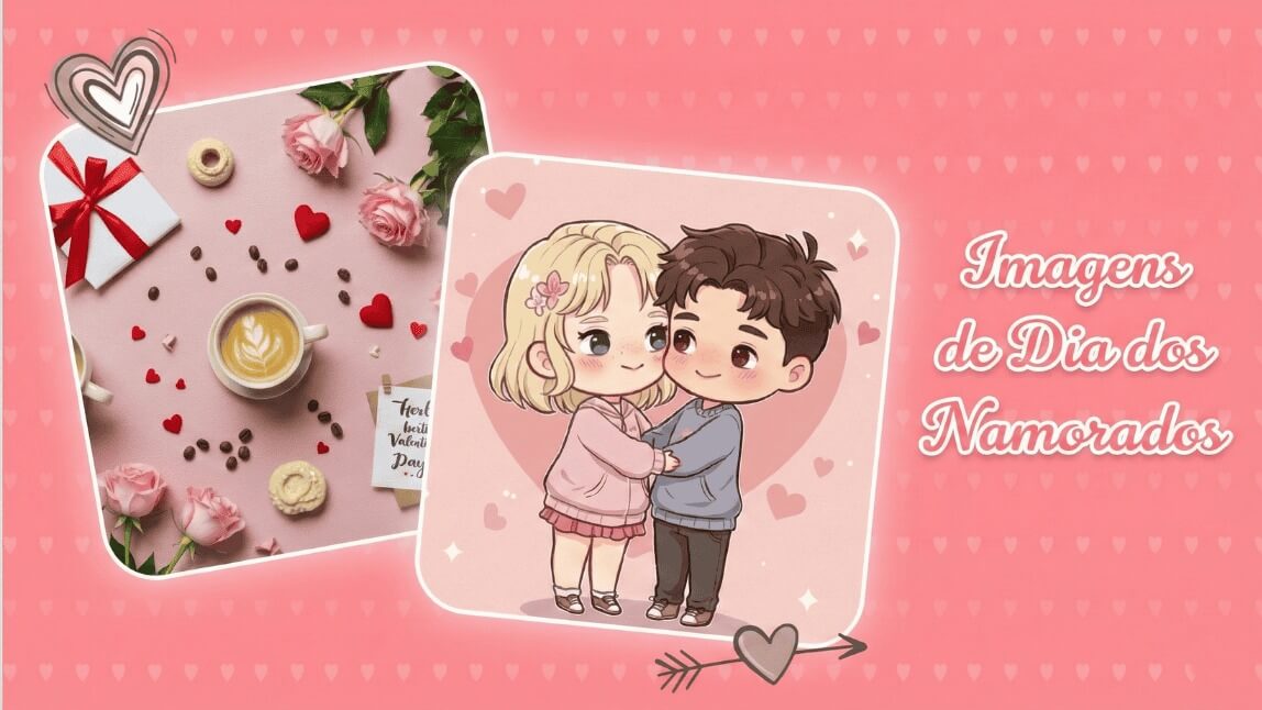 Banner com exemplos de imagens de Dia dos Namorados criadas com IA: foto romântica flat lay e casal estilo anime fofo feitos no YouCam AI Pro.