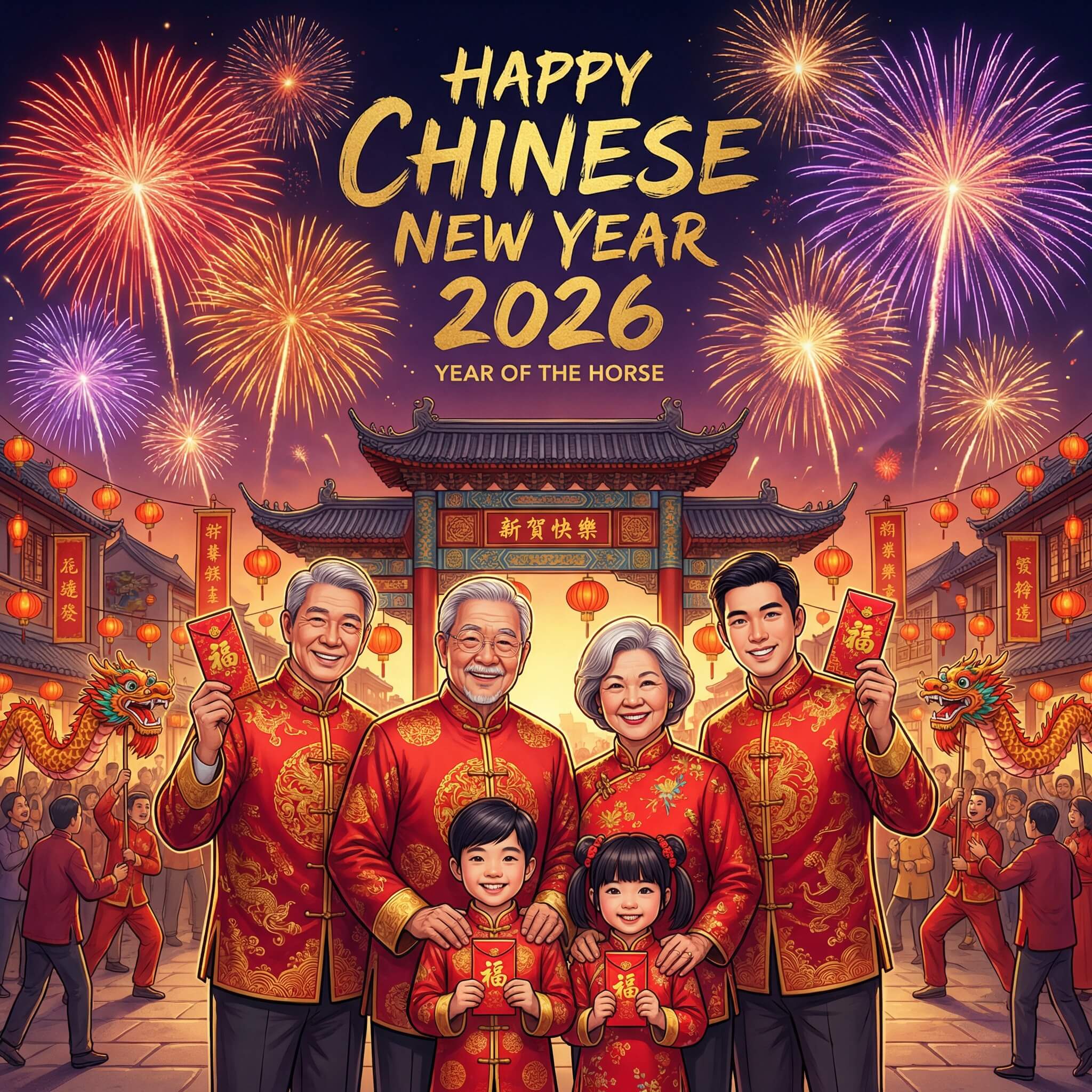Chinese new year greetings with family illustration.