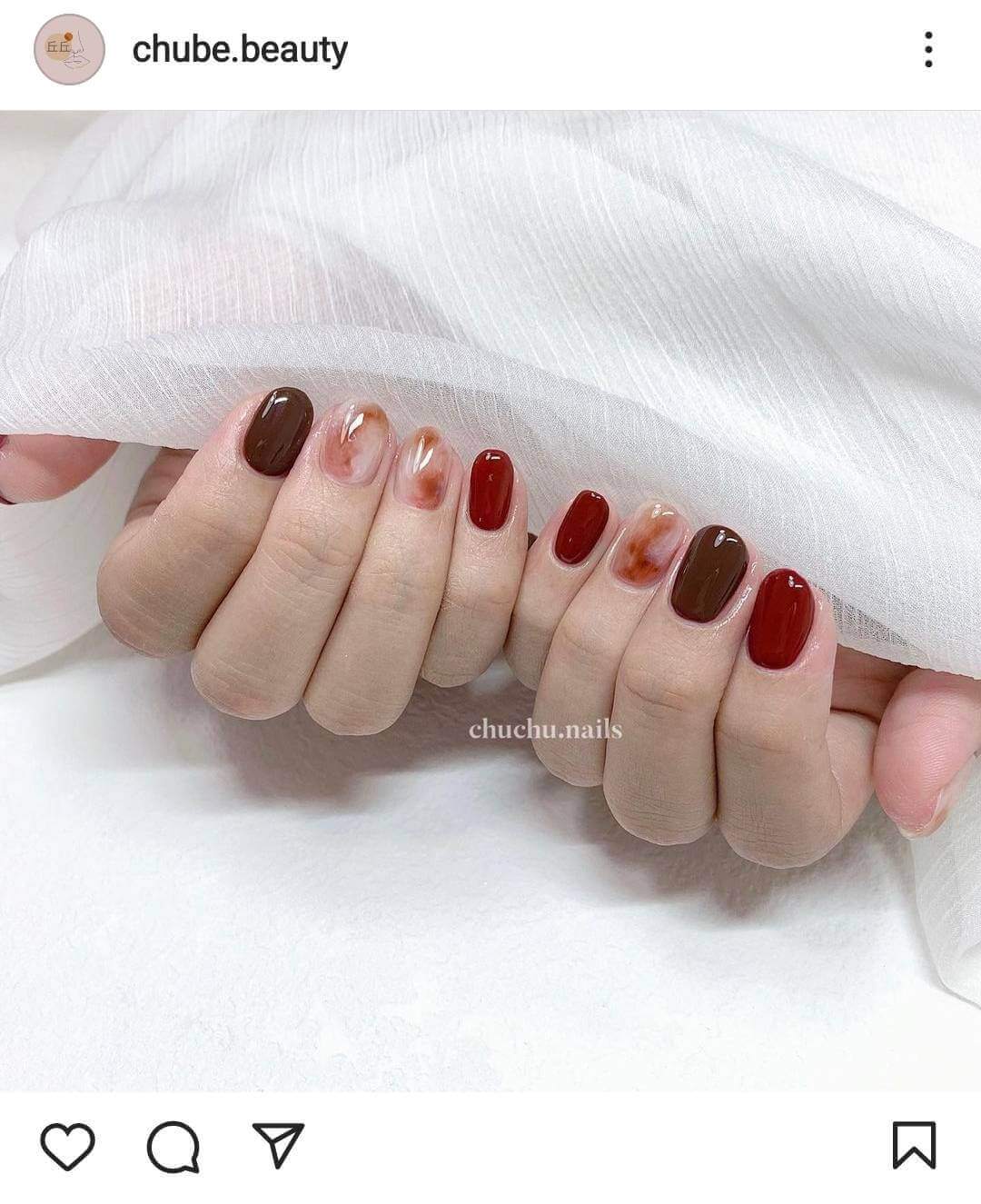 紅色暈染美甲十八：酒紅微醺暈染                