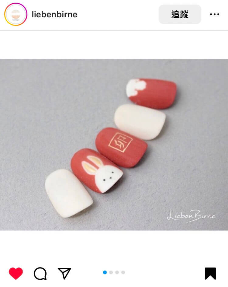 紅色系跳色美甲範本十二：兔子彩繪