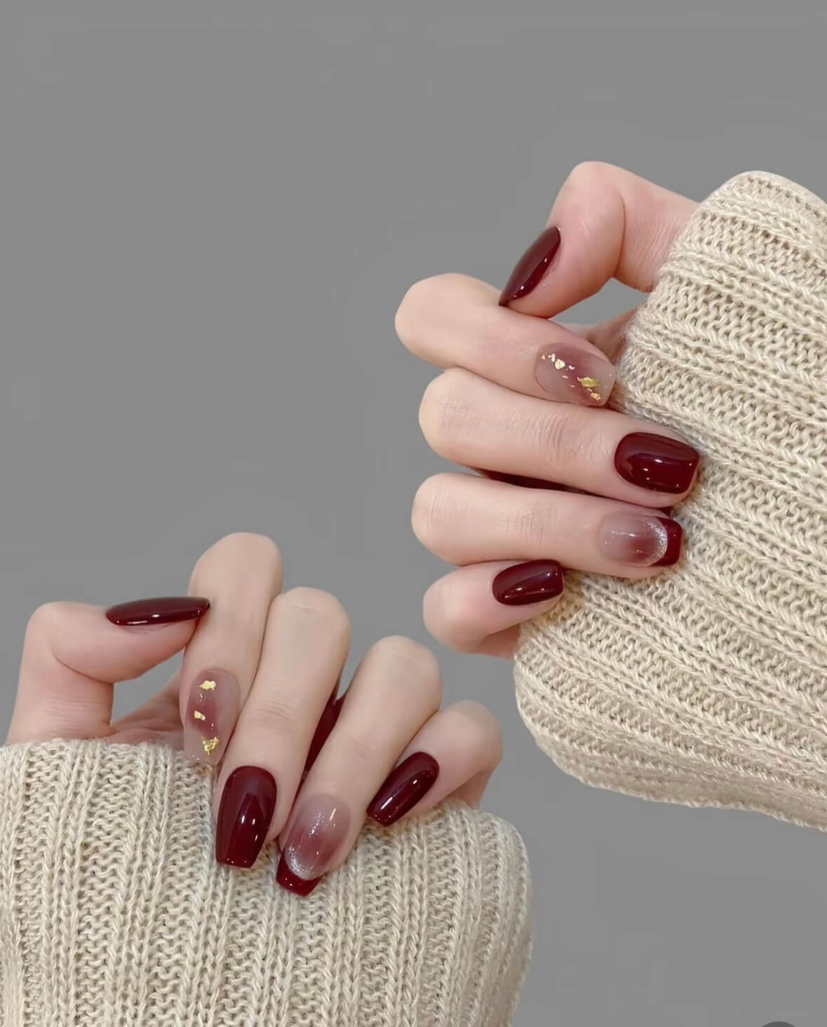 紅色系跳色美甲範本十六：勃根地紅