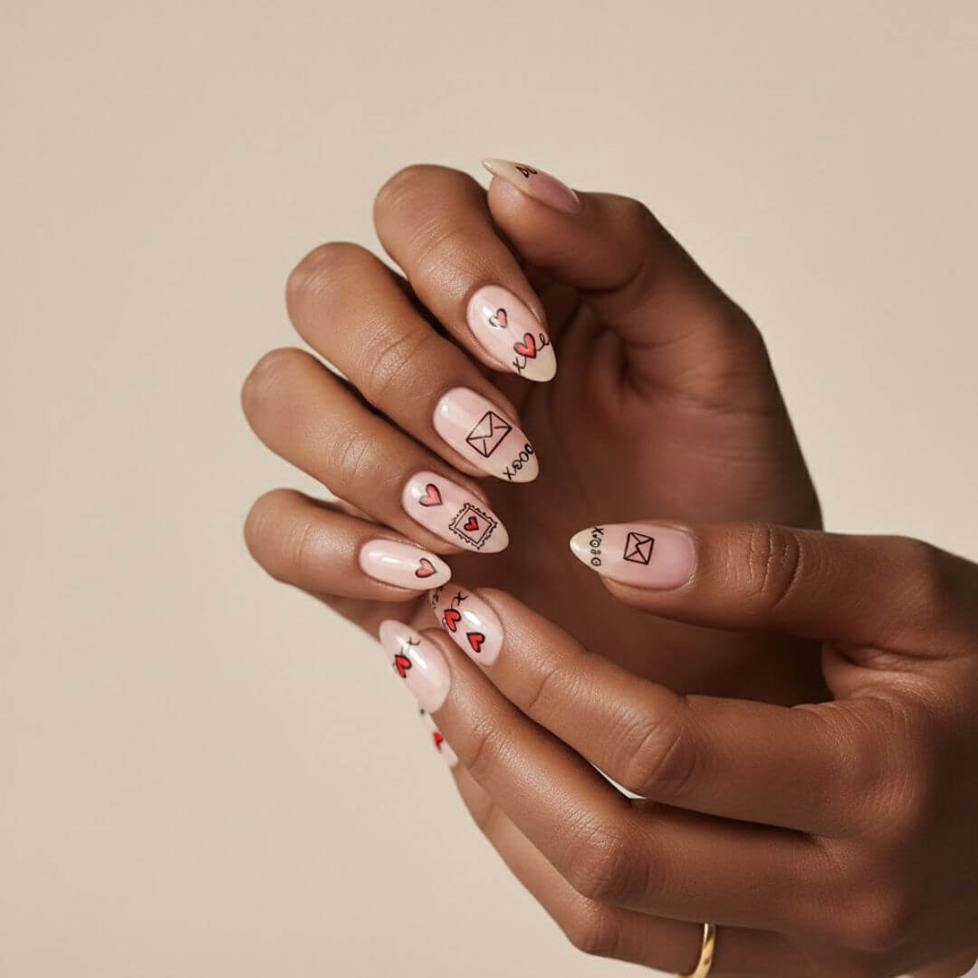 Sheer Nude Nails with Love Letter Art