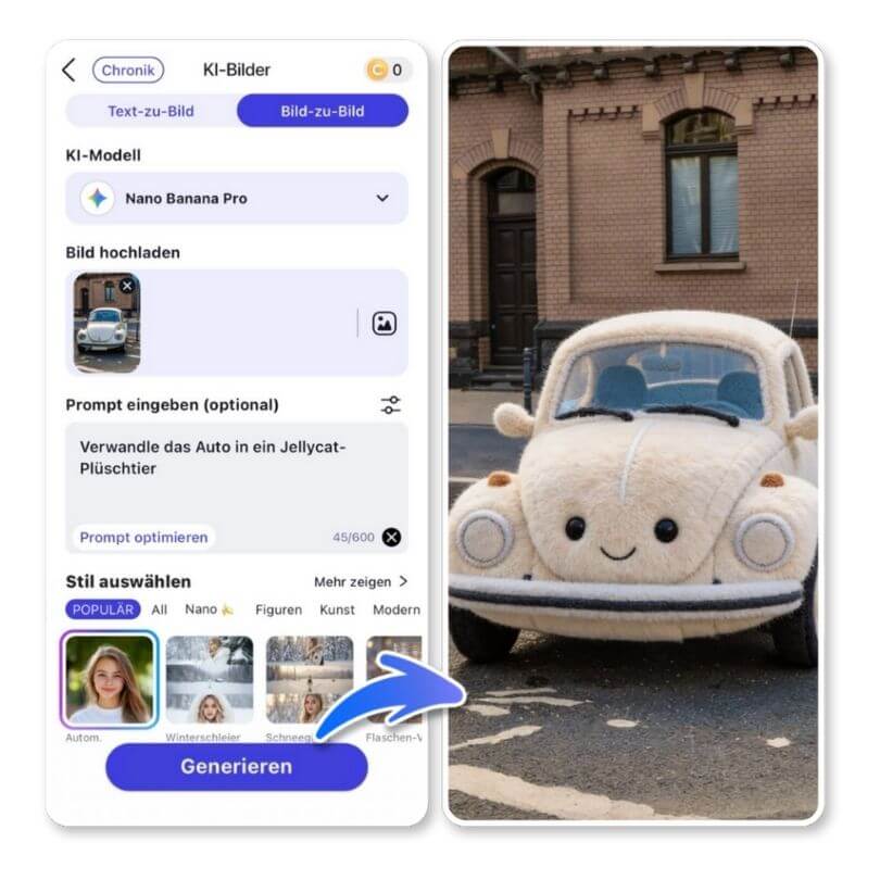 YouCam AI Pro Bild-zu-Bild Interface: Auto in Jellycat Plüschtier verwandeln mit Nano Banana Pro