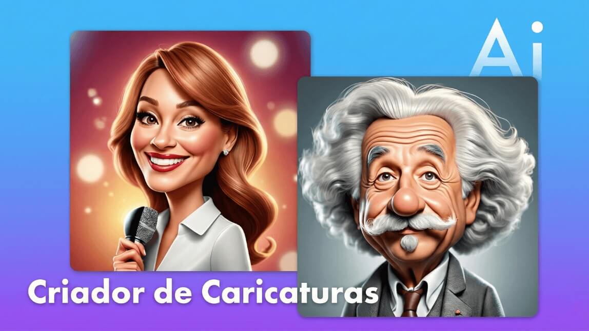 Exemplo de como fazer caricatura de foto com IA: mulher e Einstein estilo cartoon no gerador online