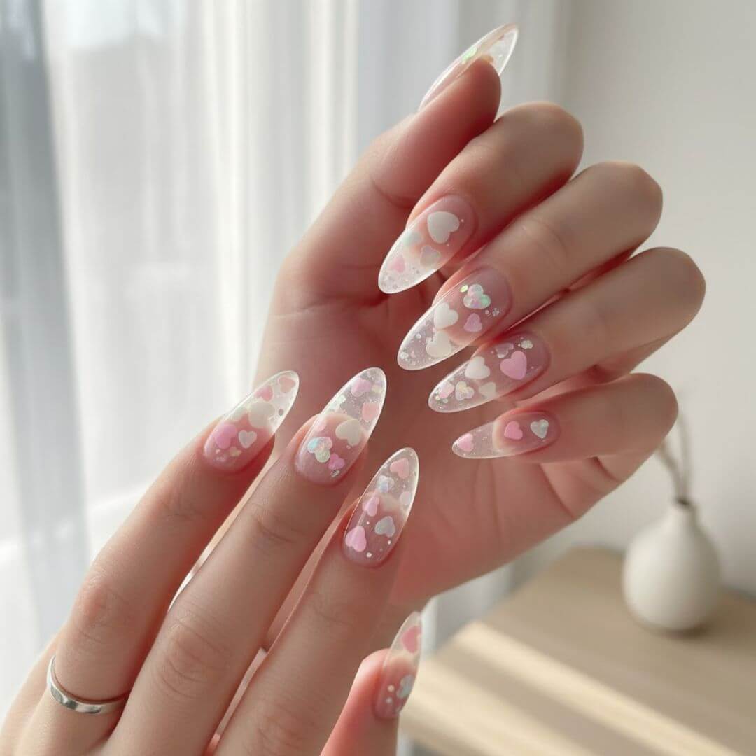 Clear Nails with Floating Hearts