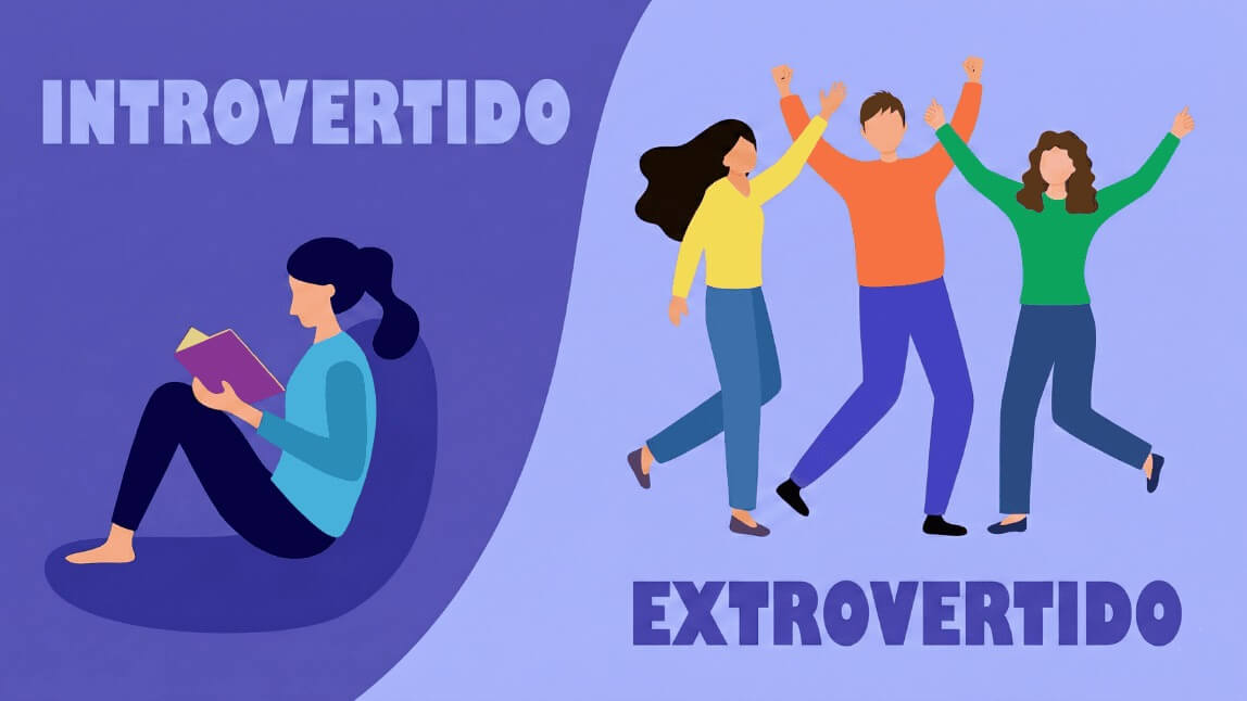 Ilustração comparando o comportamento de uma pessoa introvertida lendo sozinha versus um grupo de extrovertidos festejando para teste de personalidade.