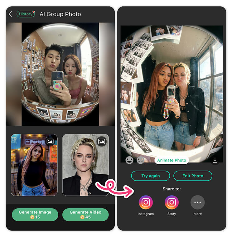 Generate AI photo with celebrity using AI Group Photo templates.