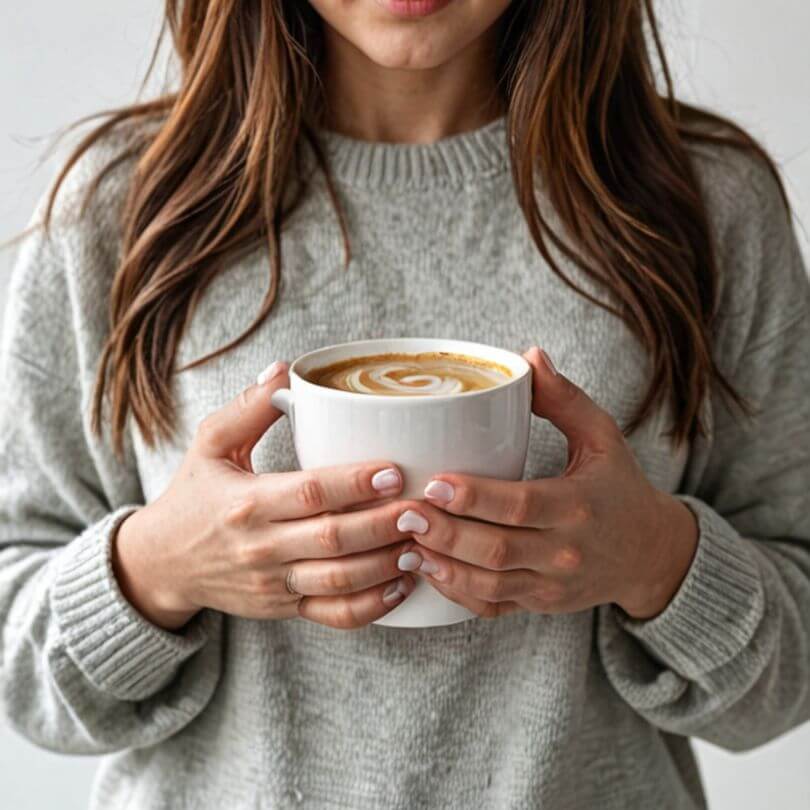 Frau in grauem Pullover hält Kaffeetasse mit beiden Händen, Finger zeigen anatomische Fehler und falsche Proportionen